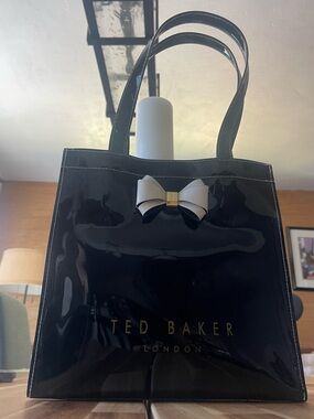 Ted Baker Black Patent Tote with Cream Bow and Gold Logo